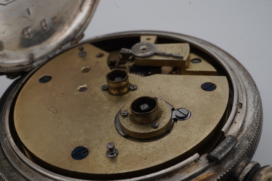 A late 19th century Swiss 935 standard white metal open faced 'The Midland Lever' key wind pocket watch, retailed by J.G. Graves, Sheffield, with Roman dial and subsidiary seconds, case diameter 52mm, together with a sil